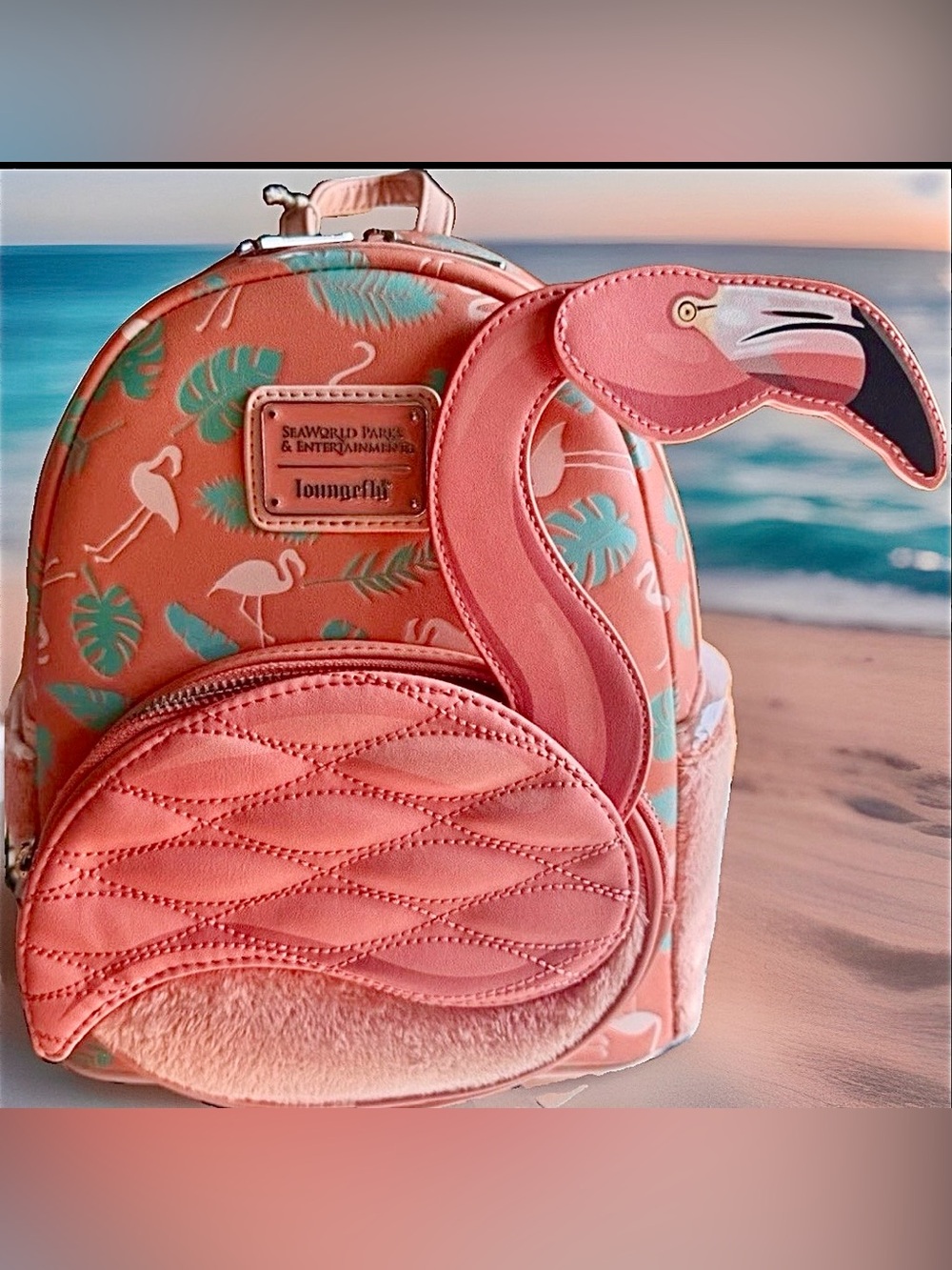 NEW w Tags SeaWorld 3D Pink FLAMINGO Loungefly Figural Backpack Exclusive Bag